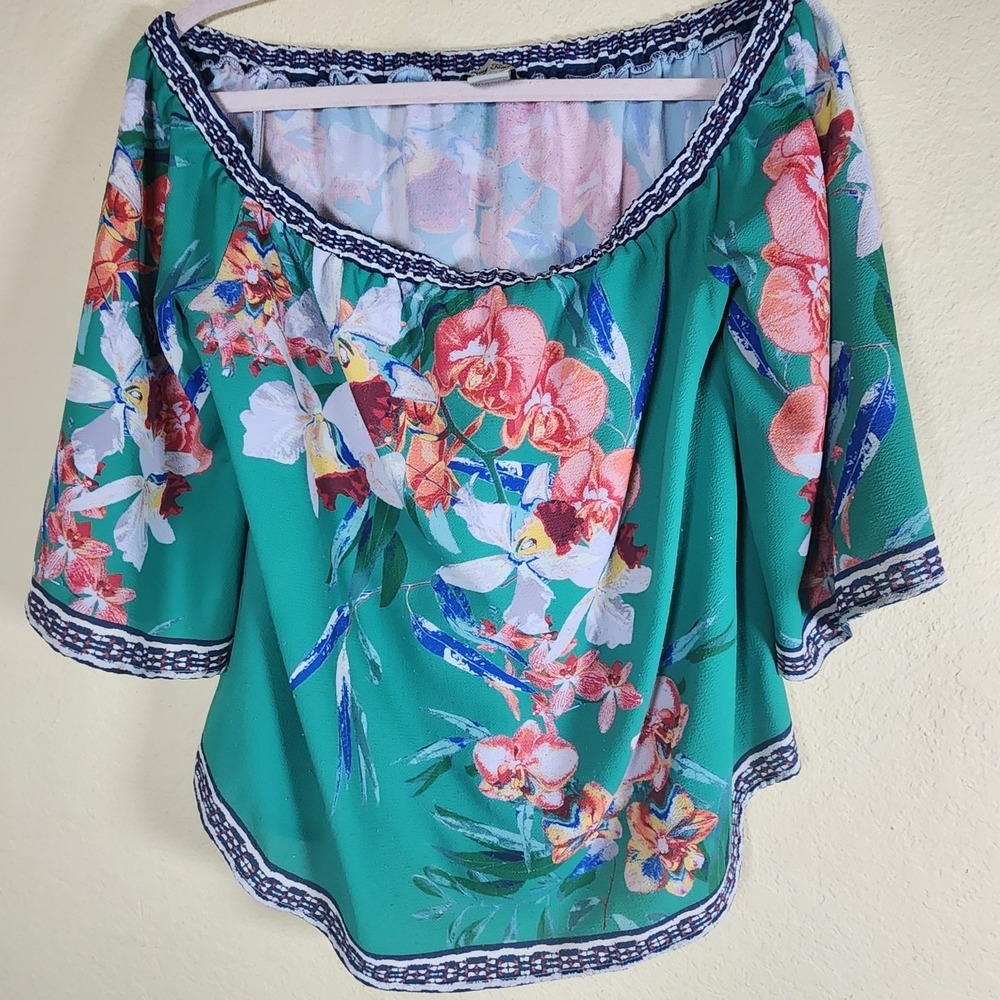 Flying Tomato Green Floral Orchid Off the Shoulder Bell‎ Sleeve Boho Blouse L